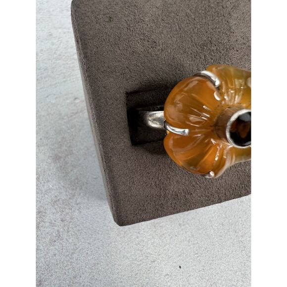 Unique Boho 925 Sterling Silver Orange Flower Ring Stone Semi Precious - Picture 2 of 10